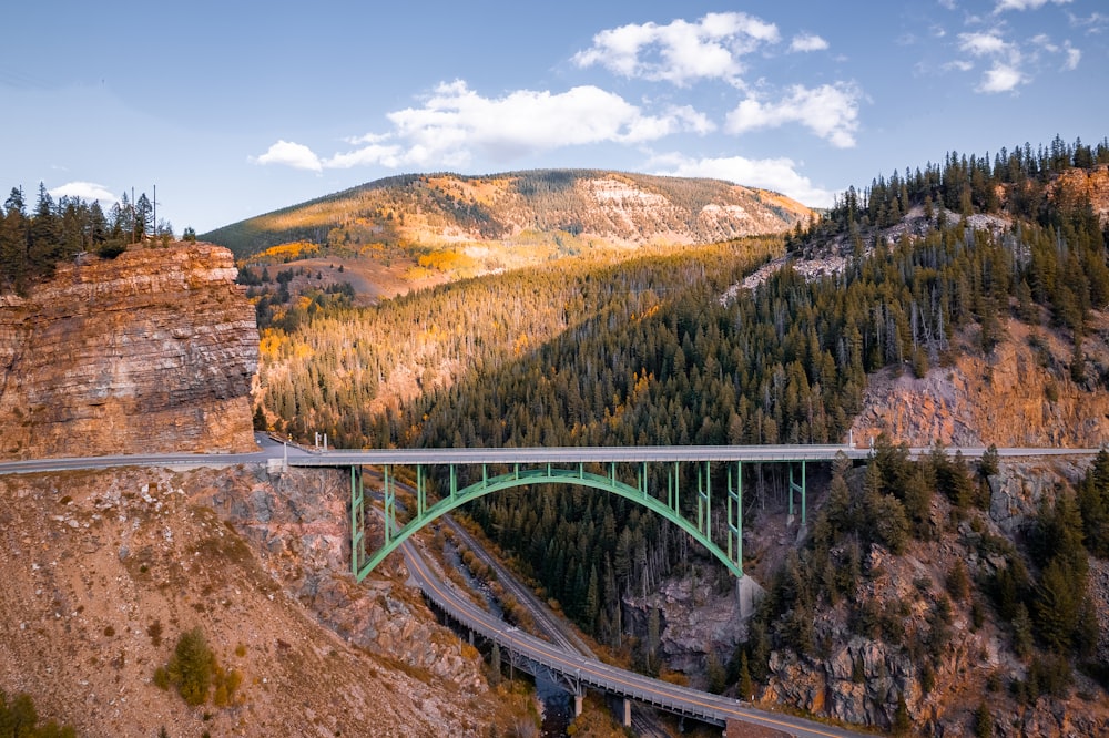a bridge over a canyon with a mountain in the background