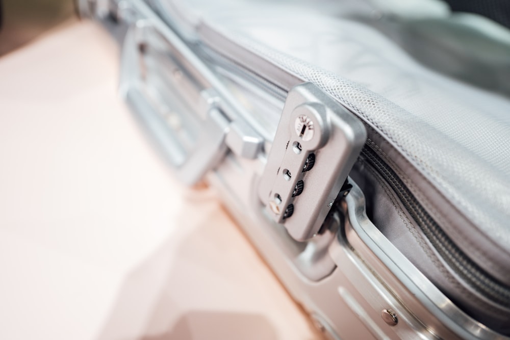 a close up of a piece of luggage on a table