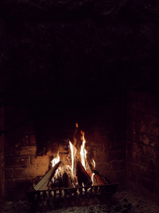 A cozy fireplace with logs burning, showcasing warmth and comfort.