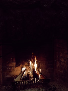 A warmly lit fireplace with wooden logs actively burning. The flames are flickering upwards, casting a gentle glow on the surrounding brickwork. The scene gives a sense of warmth and comfort.