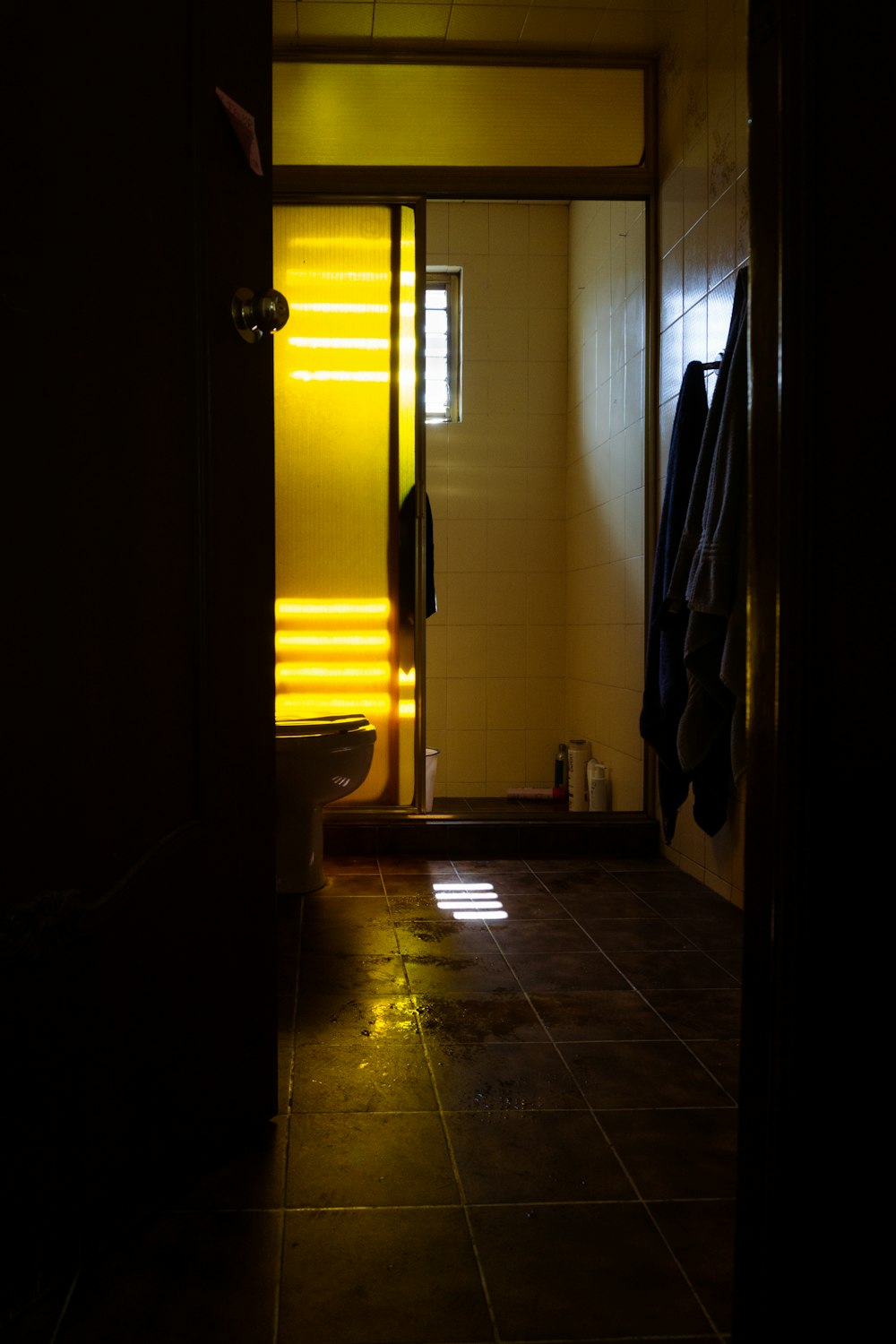 a dimly lit bathroom with a toilet and shower