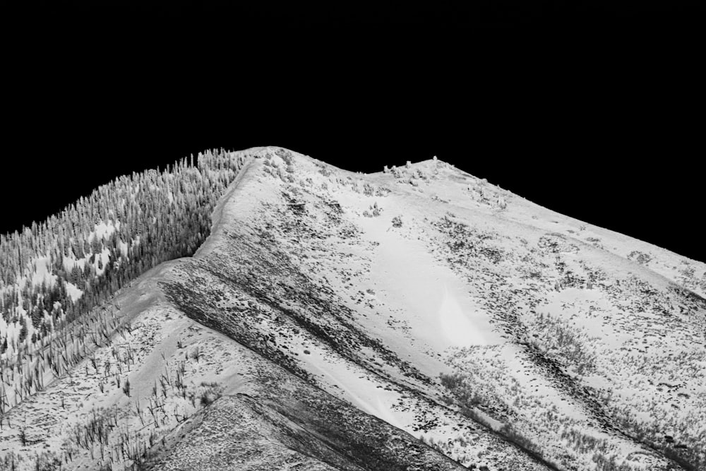 a black and white photo of a snow covered mountain