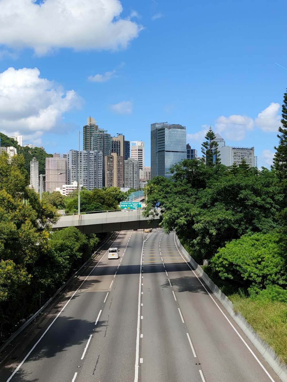 a view of a highway with a city in the background
