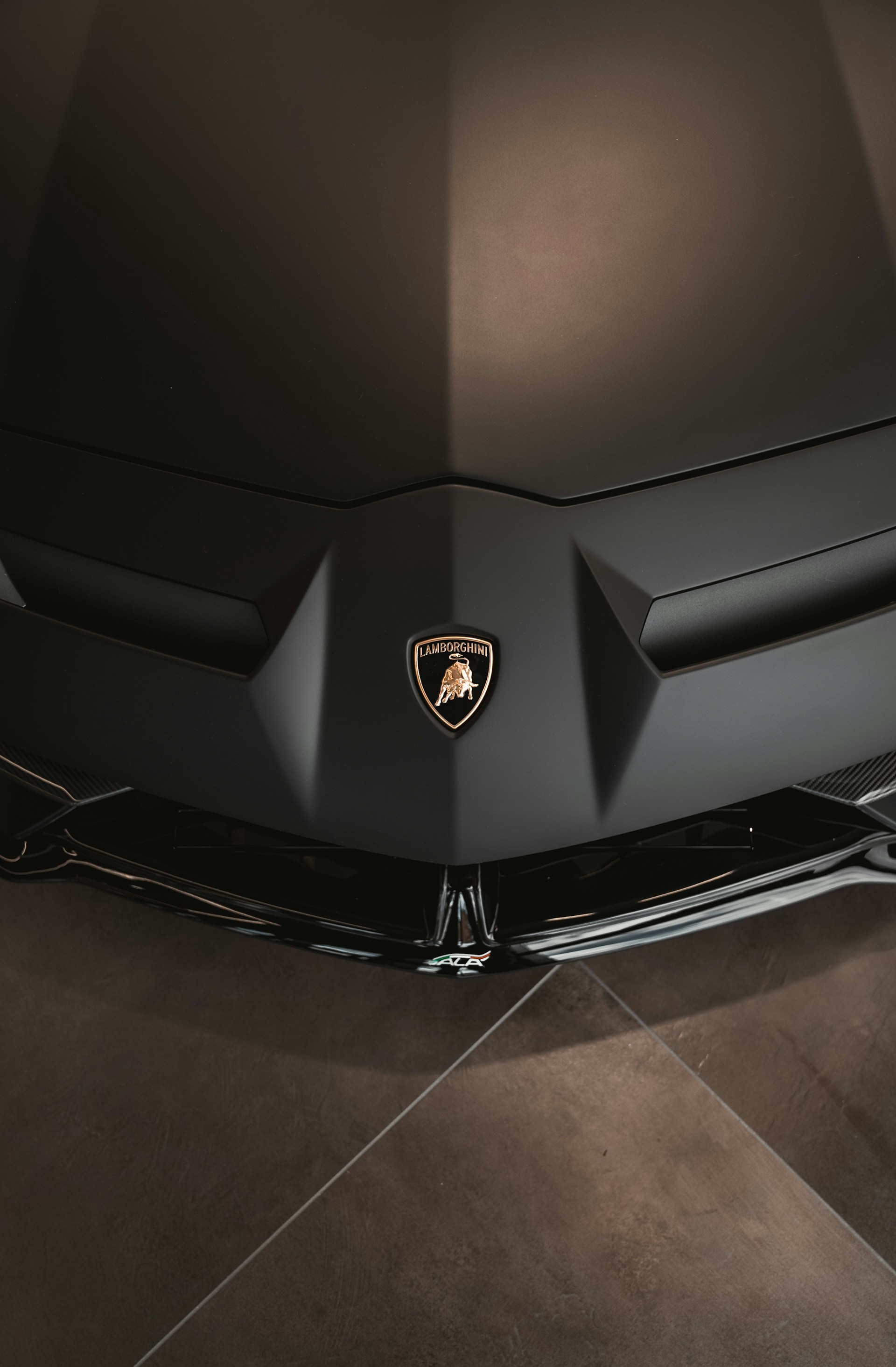 the front end of a black sports car