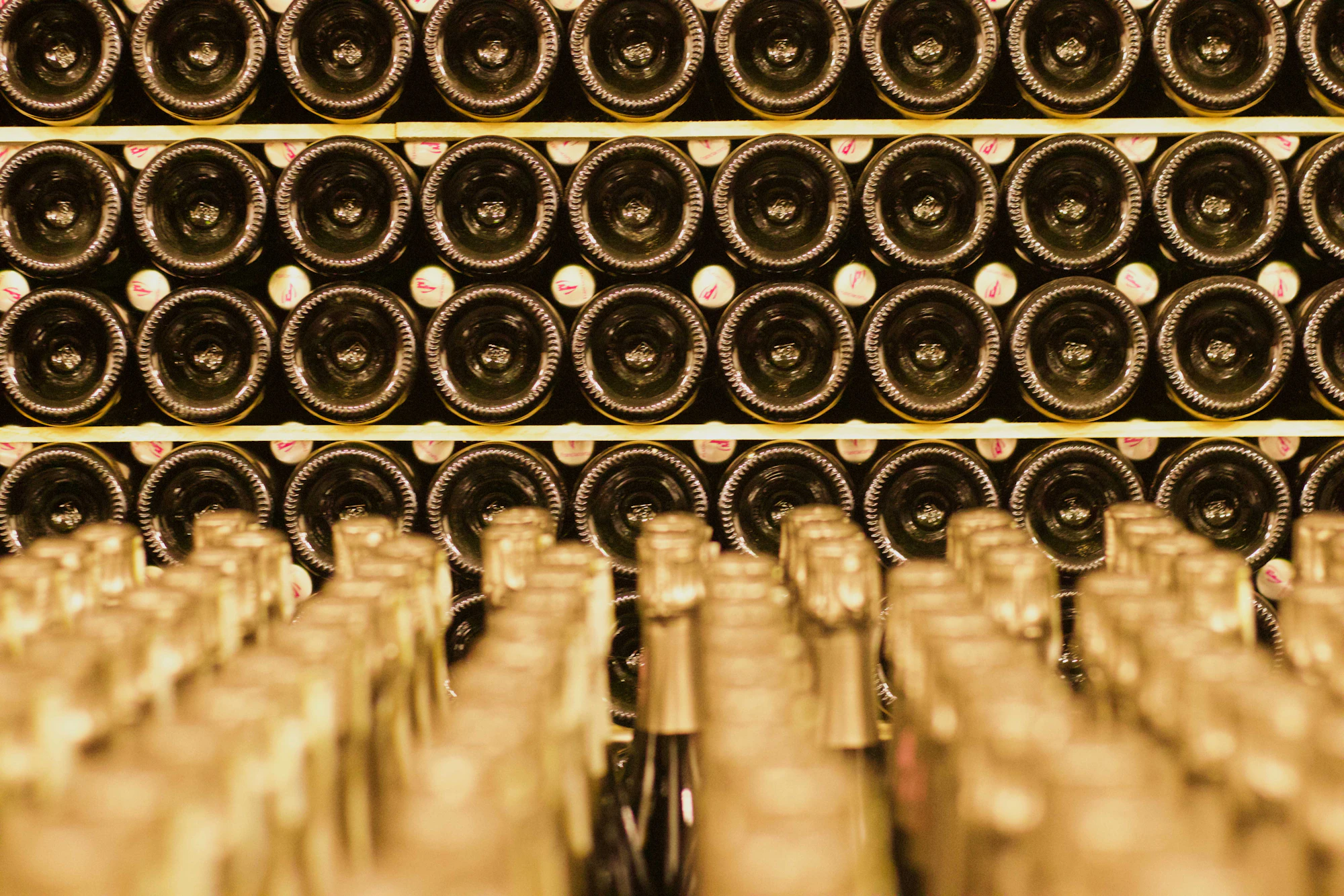 Cols de bouteilles de champagne coiffés d'or, alignés en cave
