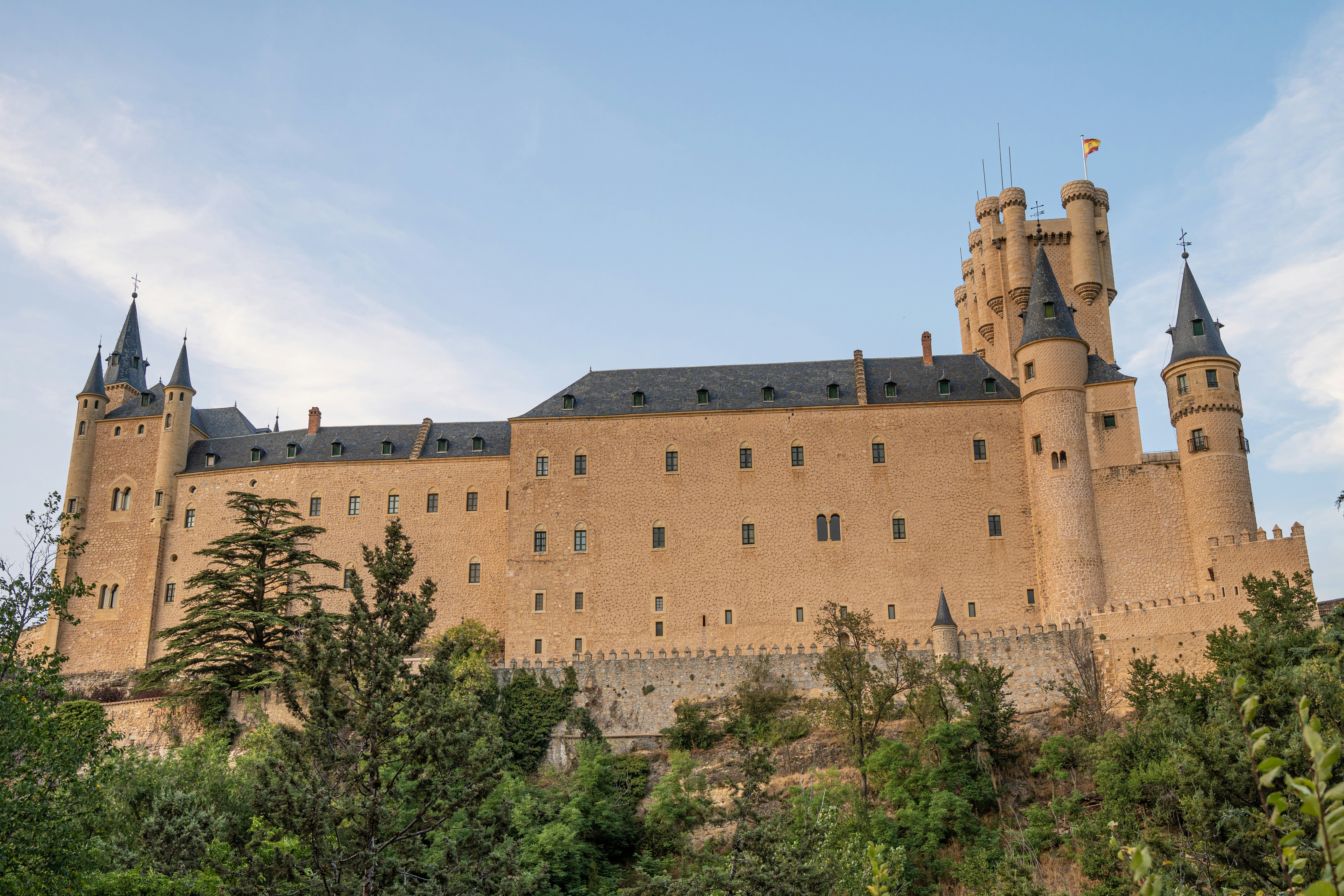a castle on a hill with trees in front of it
