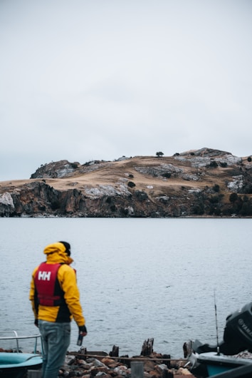A person wearing a yellow jacket and red vest stands near the shore, overlooking a large body of water. In the background, there is a rugged, rocky landscape with patches of grass and a few small trees. The sky is overcast, adding to the moody atmosphere.