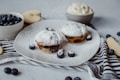 Two blueberry muffins sit on a white plate, dusted with powdered sugar. Beside them, fresh blueberries are scattered. A striped cloth adds texture to the composition. A bowl of creamy topping and a cut apple are placed in the background, adding to the rustic aesthetic.