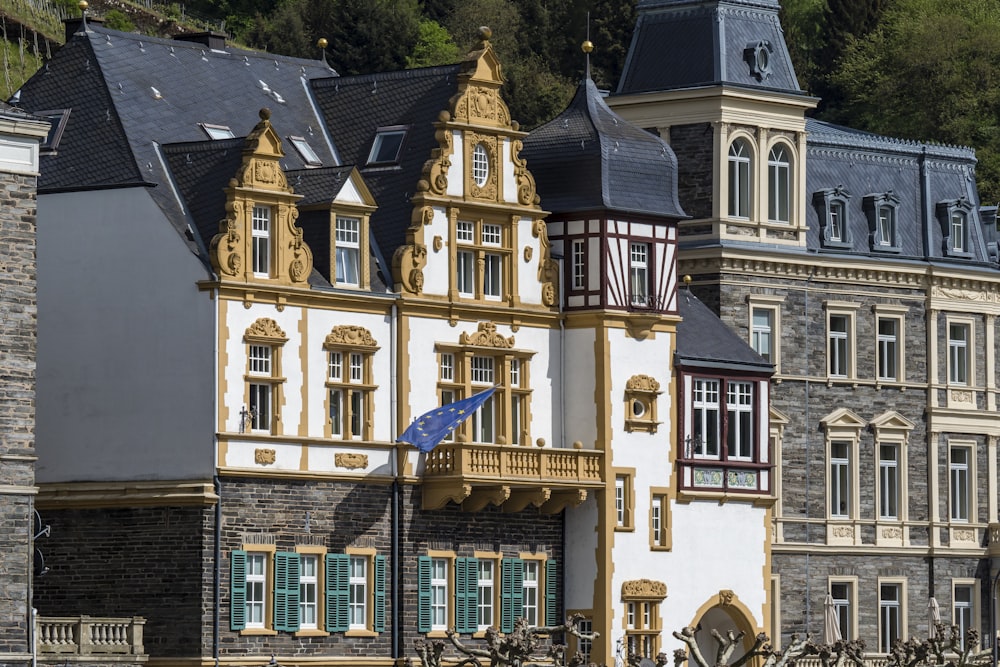 a large building with a flag on top of it