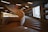 A modern architectural interior featuring a large spiral staircase with concrete and wooden elements. Soft lighting from ceiling fixtures highlights the geometric design, and a large window to the right offers a glimpse of an exterior structure.