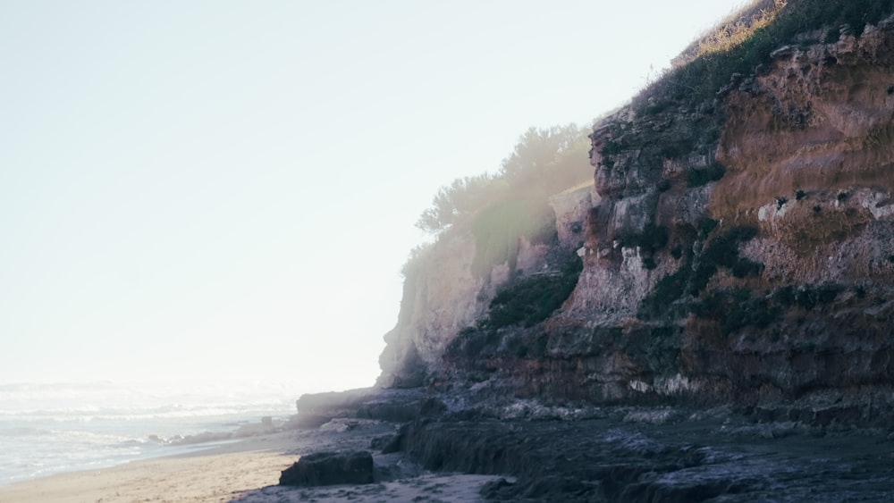 a rocky cliff on a beach next to the ocean