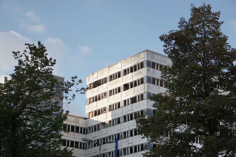 a tall white building sitting next to trees