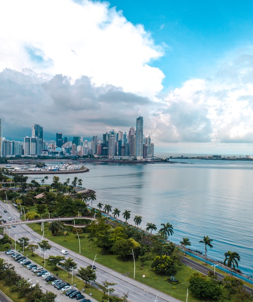 a large body of water with a city in the background