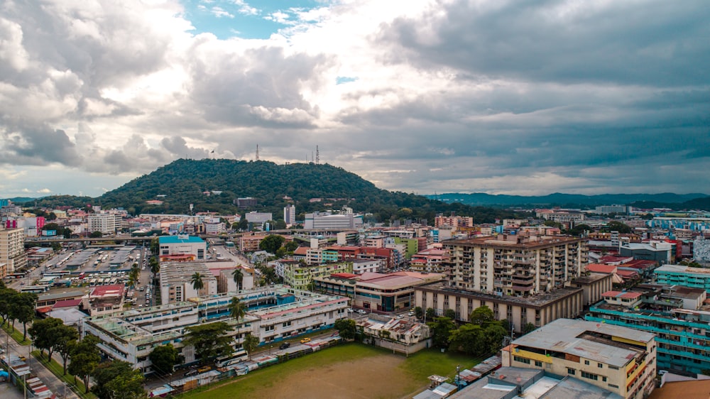 a view of a city with a mountain in the background