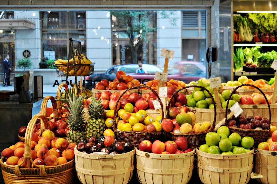 Baskets filled with different fresh fruits
