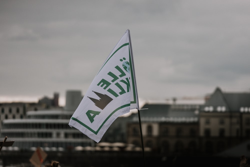 a white and green flag with the word alaska on it