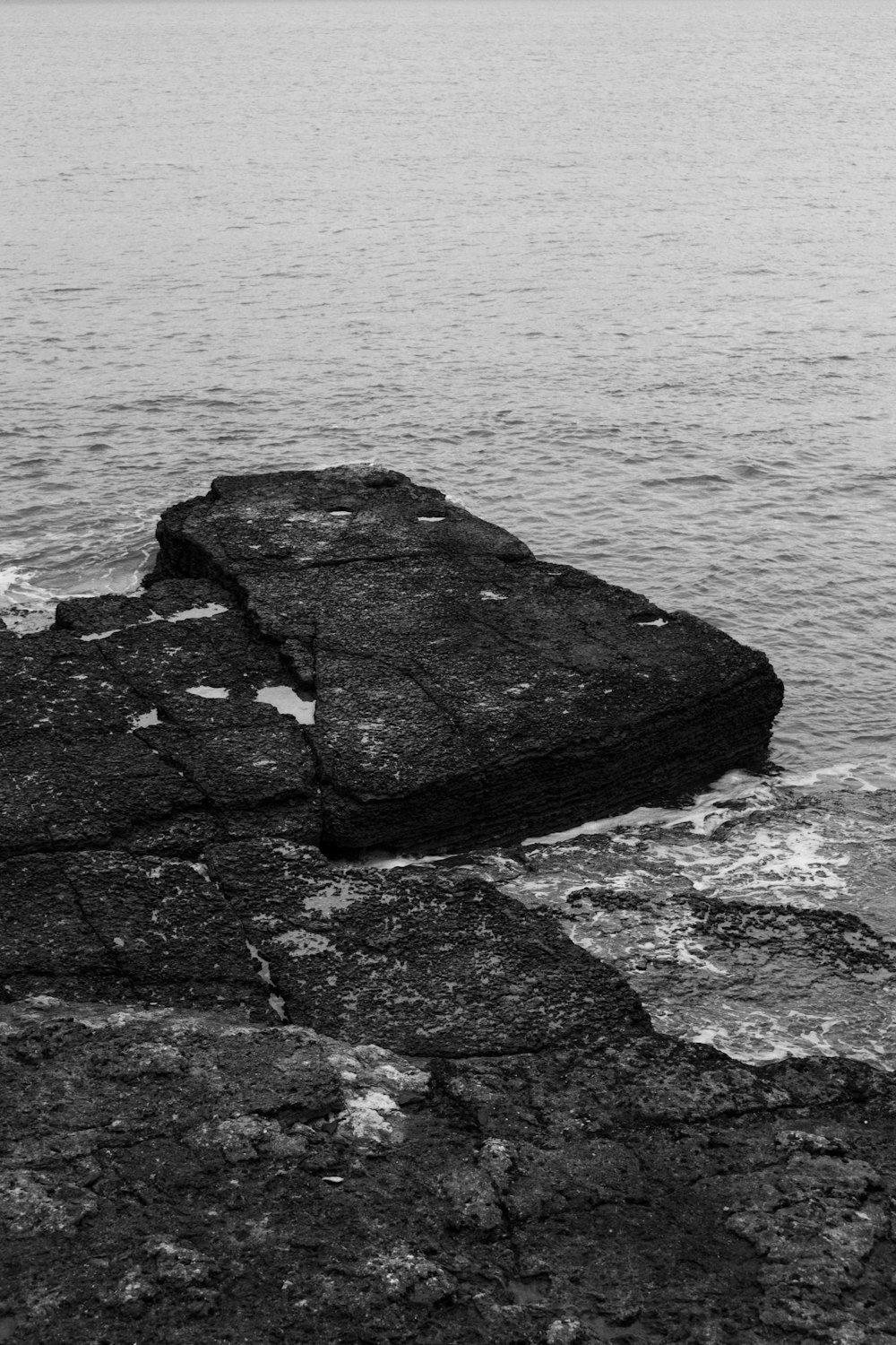 a black and white photo of the ocean and rocks