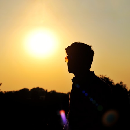 A silhouette of a person wearing sunglasses stands against a brightly lit sunset sky. The sun is low on the horizon, casting a warm, golden glow. The foreground is dark, with trees visible in the distance.