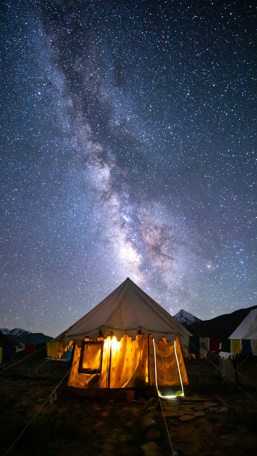 a tent under a night sky filled with stars