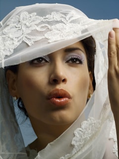 A woman with styled makeup and glossy lips is partially covered by a decorative lace veil. The veil features intricate floral embroidery. Her eyes are accentuated with eyeshadow, and she wears a pair of small earrings. The background is a soft blue, complementing the overall aesthetic.