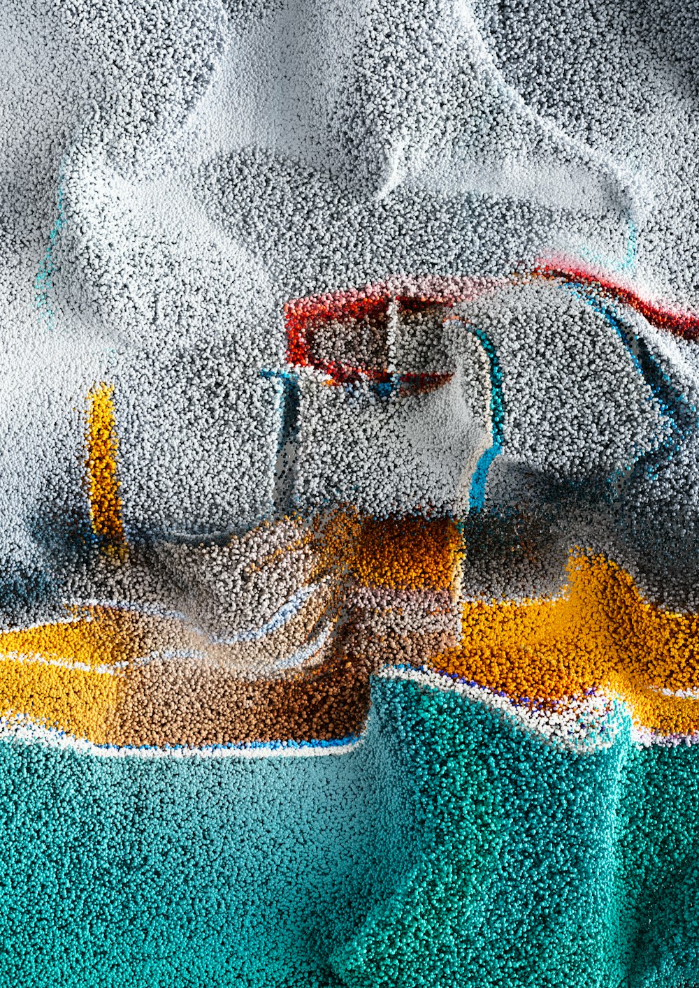 a painting of a blue and yellow boat in the water