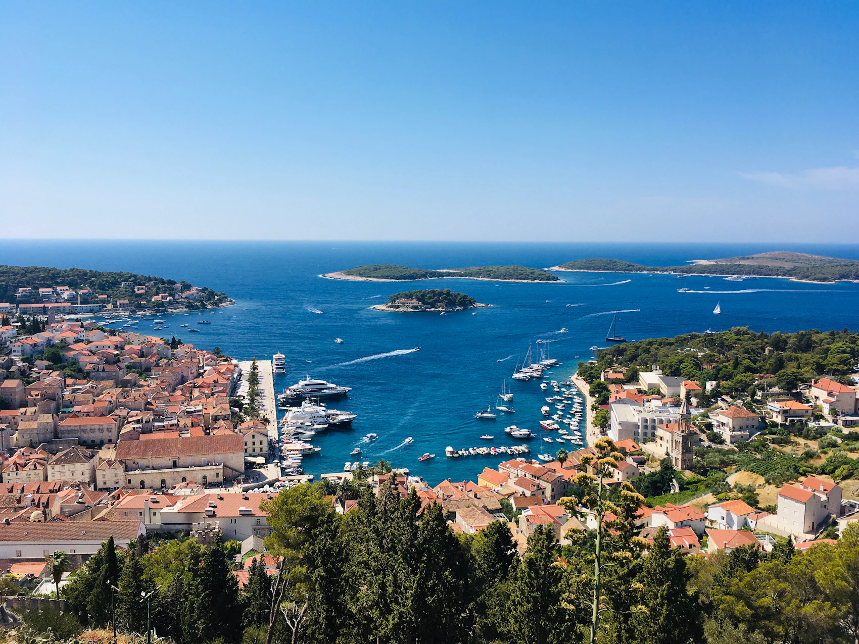 Hvar town and the Pakleni Islands seen across the Adriatic in Croatia