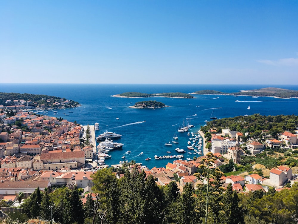 a view of a harbor with boats in the water