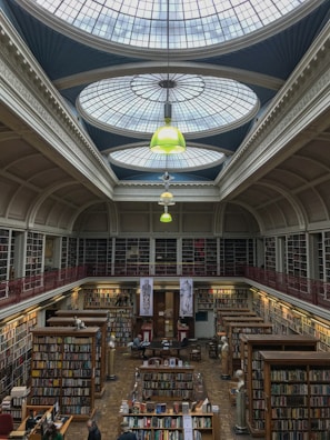 A quiet library corner with tall shelves filled with classic literature volumes.