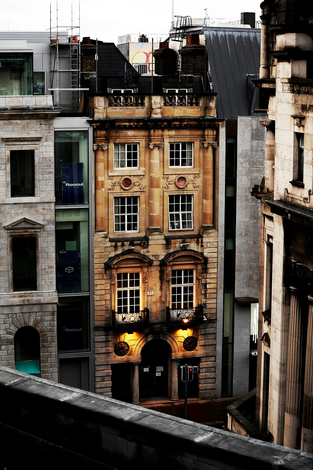 a view of a building in a city at night