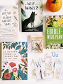A collection of books and cards related to nature lies on a flat surface. The central book features a black wolf on a greenish background. Other titles include topics like reading nature's signs, wild plants, bird guides, and poems. A pumpkin sits in the top right corner, and illustrative cards with letters and drawings are scattered at the bottom.