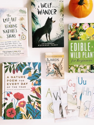A collection of books and cards related to nature lies on a flat surface. The central book features a black wolf on a greenish background. Other titles include topics like reading nature's signs, wild plants, bird guides, and poems. A pumpkin sits in the top right corner, and illustrative cards with letters and drawings are scattered at the bottom.