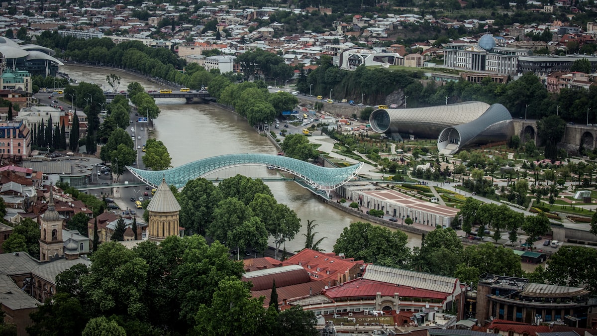 Rustaveli Avenue Tbilisi — aerial view of the city with the Mtkvari River and Sameba Cathedral visible