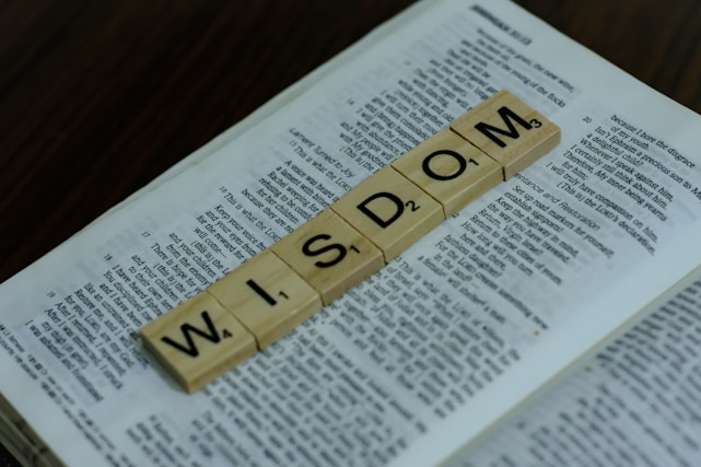 Wooden letter tiles spelling the word 'WISDOM' are placed on top of an open book. The book's pages contain text, indicating it might be a textbook or a piece of literature. The background is a dark, wooden surface.