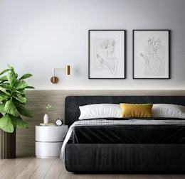 a bedroom with a bed and a plant in the corner
