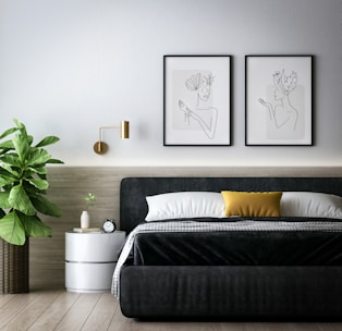 a bedroom with a bed and a plant in the corner