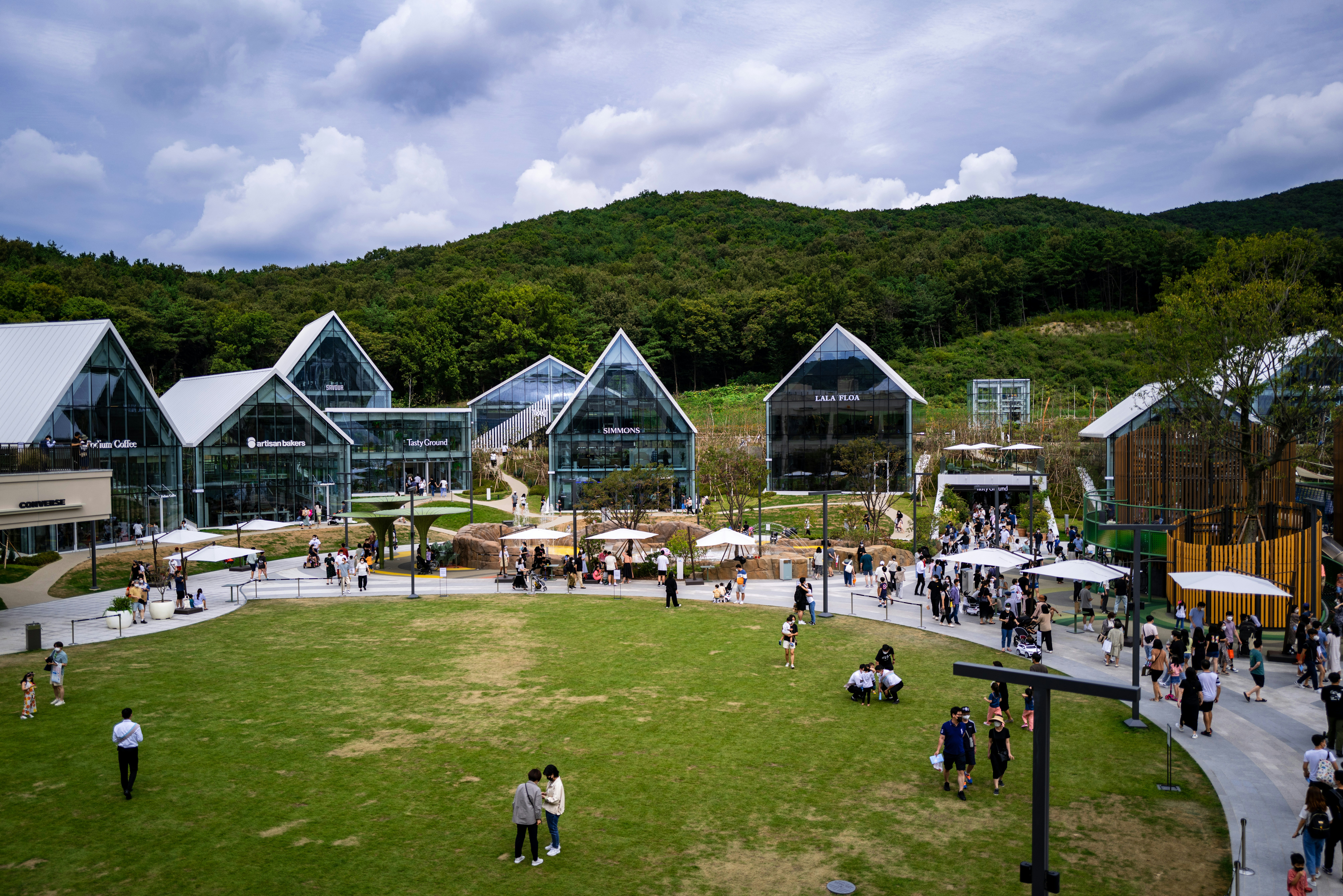 a group of people standing around a lush green field