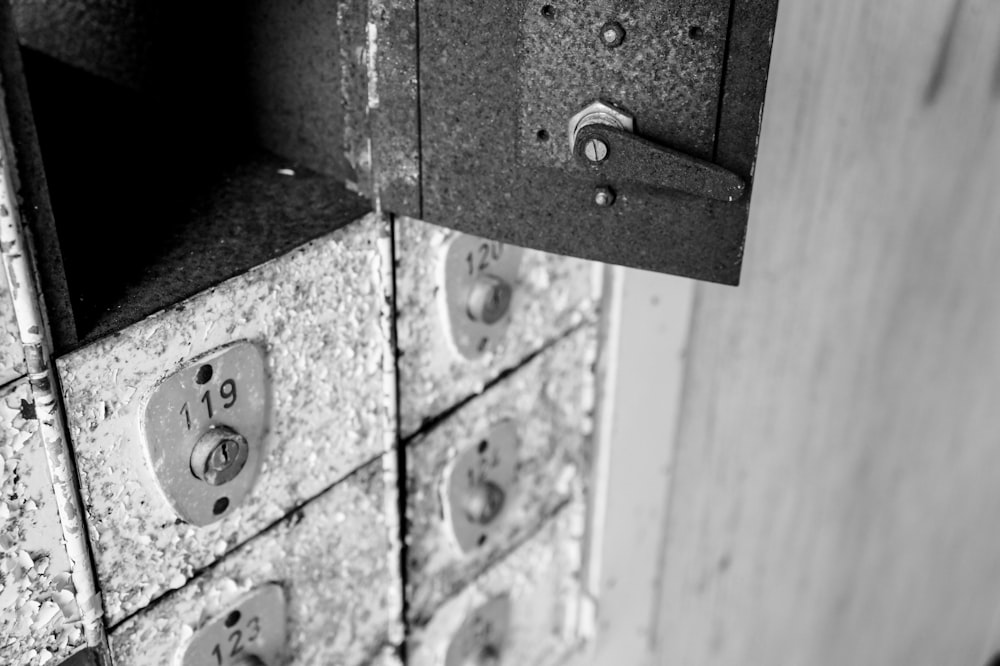 a black and white photo of a bunch of drawers