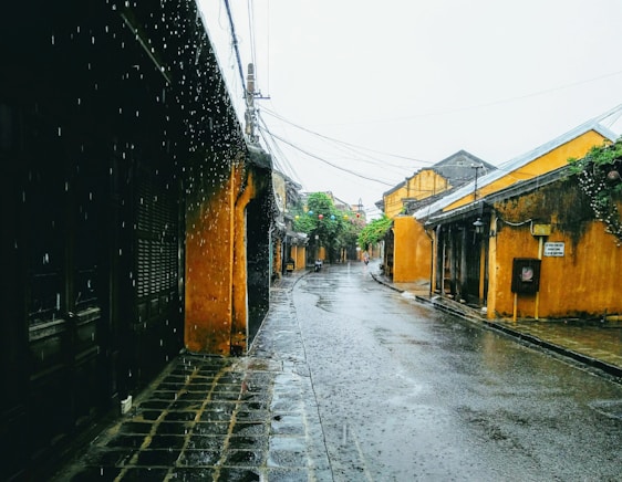 a wet street with yellow buildings and trees