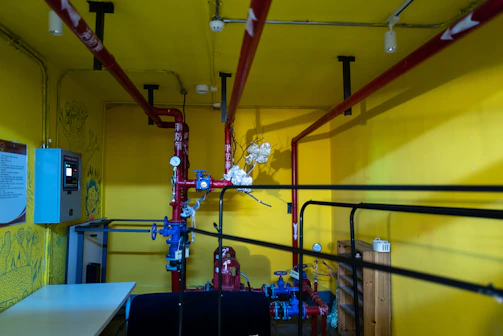 a room with yellow walls and red pipes