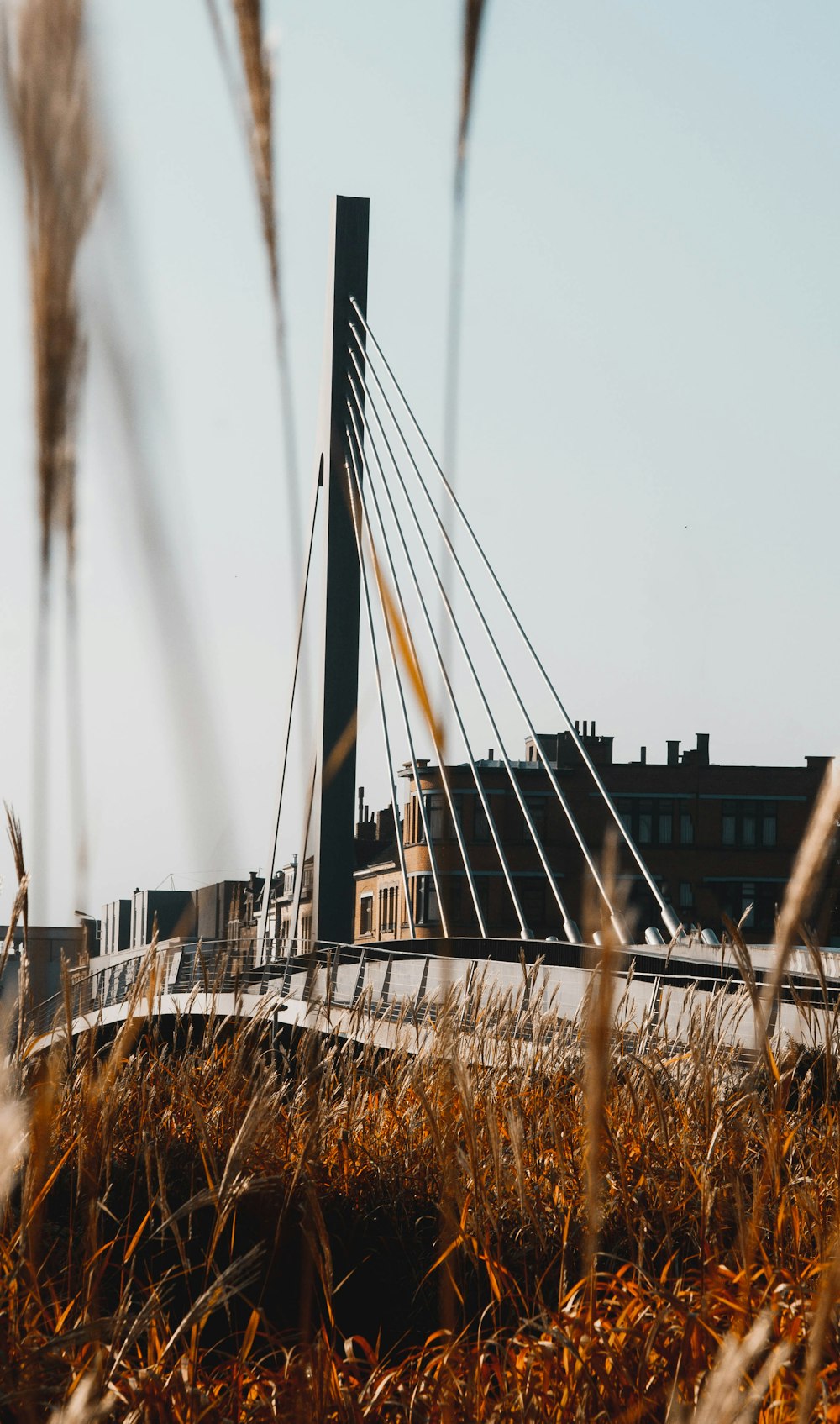 a bridge with a building in the background