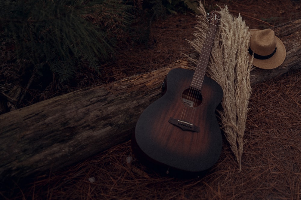 a guitar, hat and a stick of grass on the ground