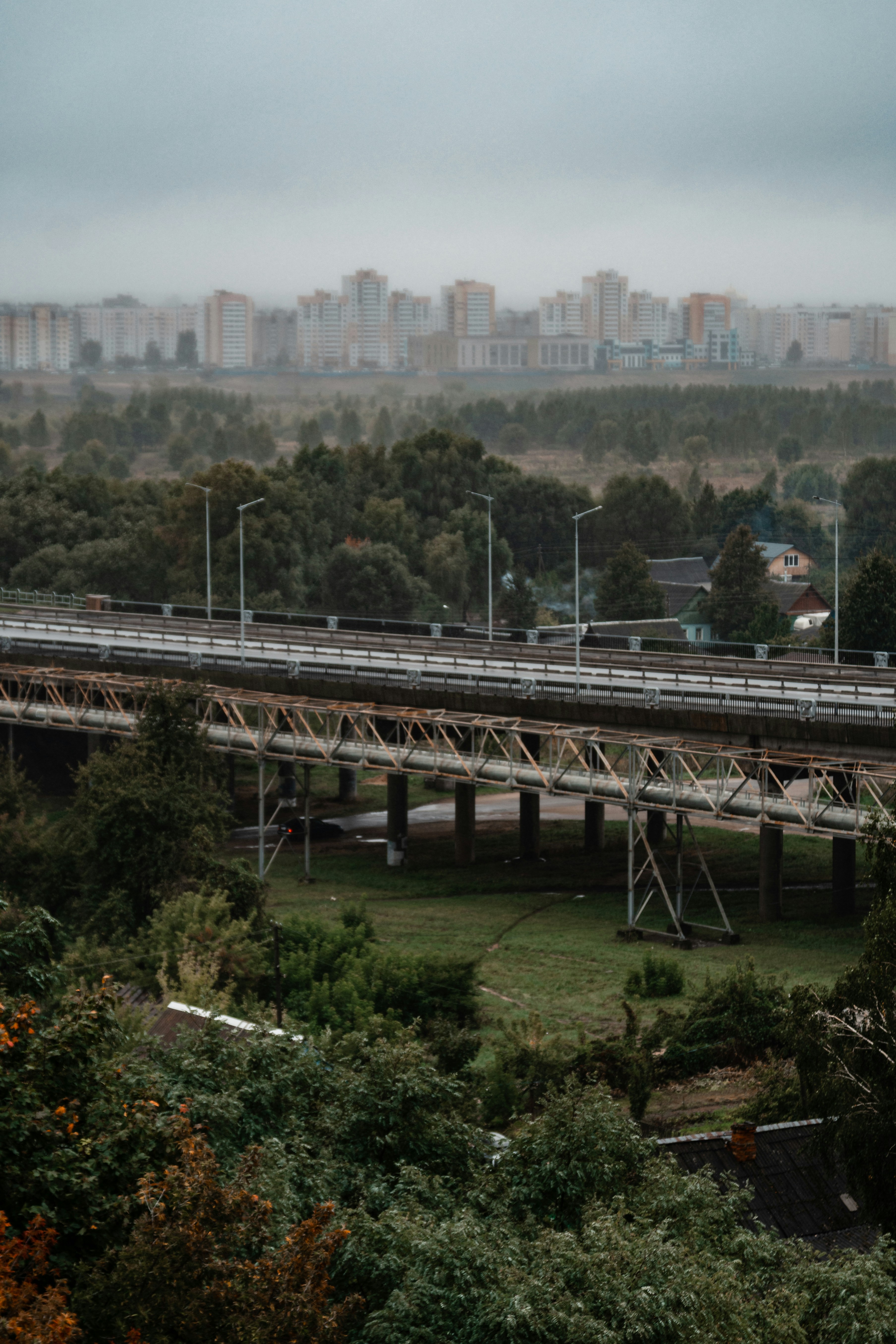 a train traveling over a bridge over a lush green field