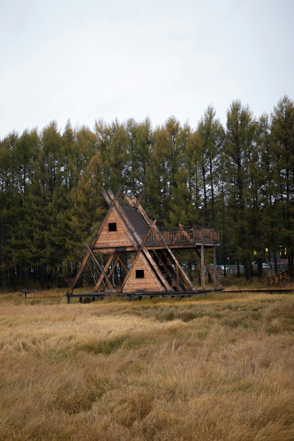 eine Holzkonstruktion auf einem Feld mit Bäumen im Hintergrund