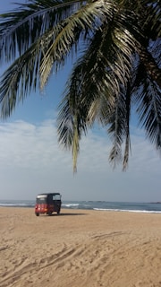 A red tuk-tuk is parked on a sandy beach under large, overhanging palm leaves. The ocean is visible in the background with gentle waves and a partly cloudy sky.