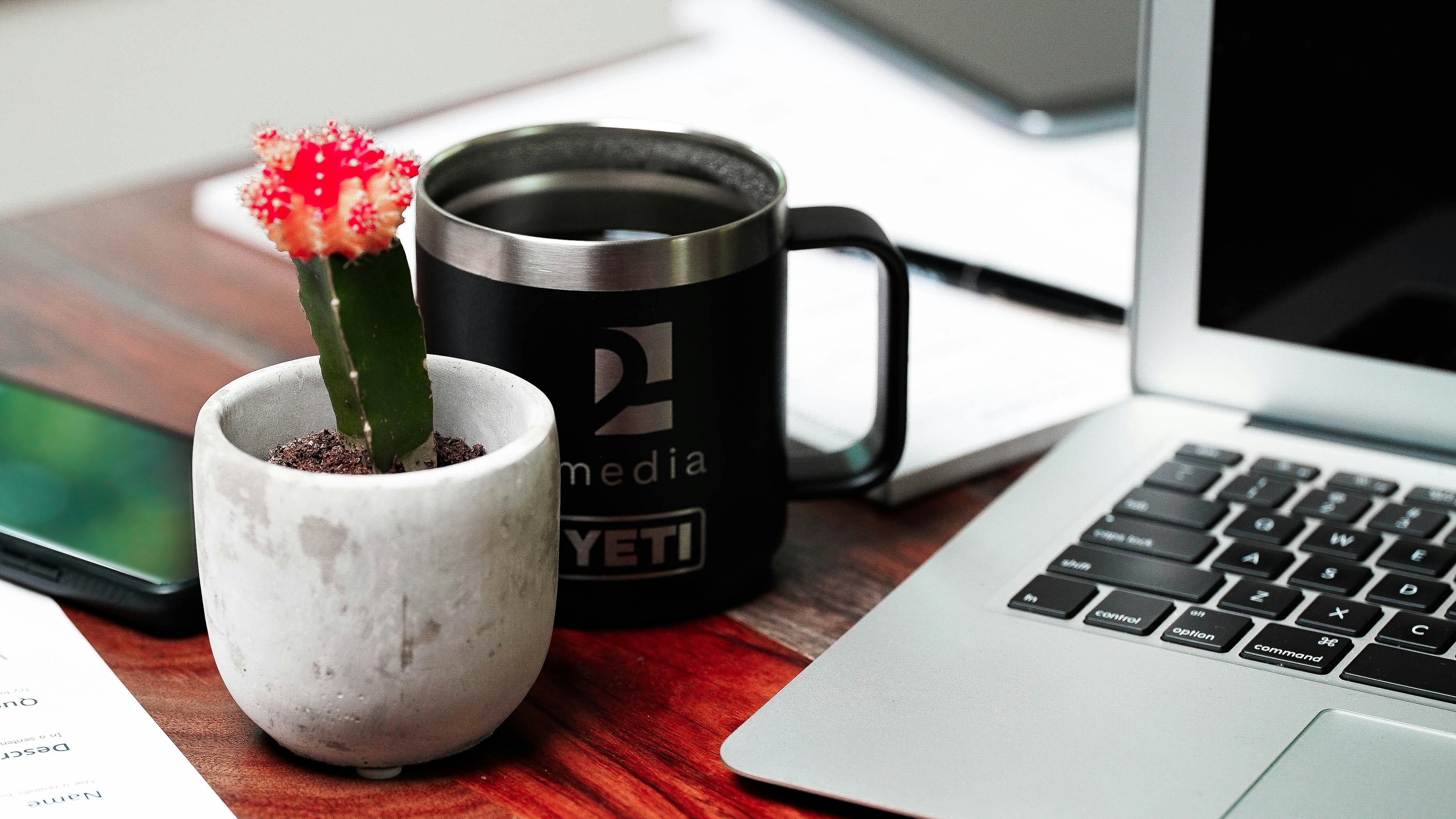 a small cactus in a mug next to a laptop