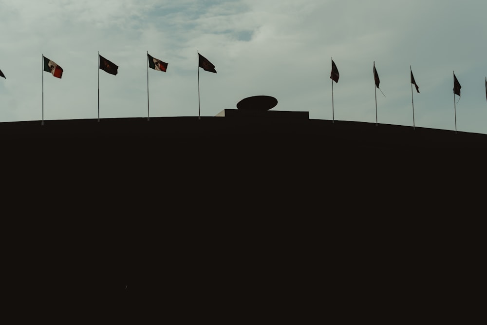a group of flags flying on top of a hill