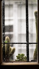a window with a window sill and a cactus in it