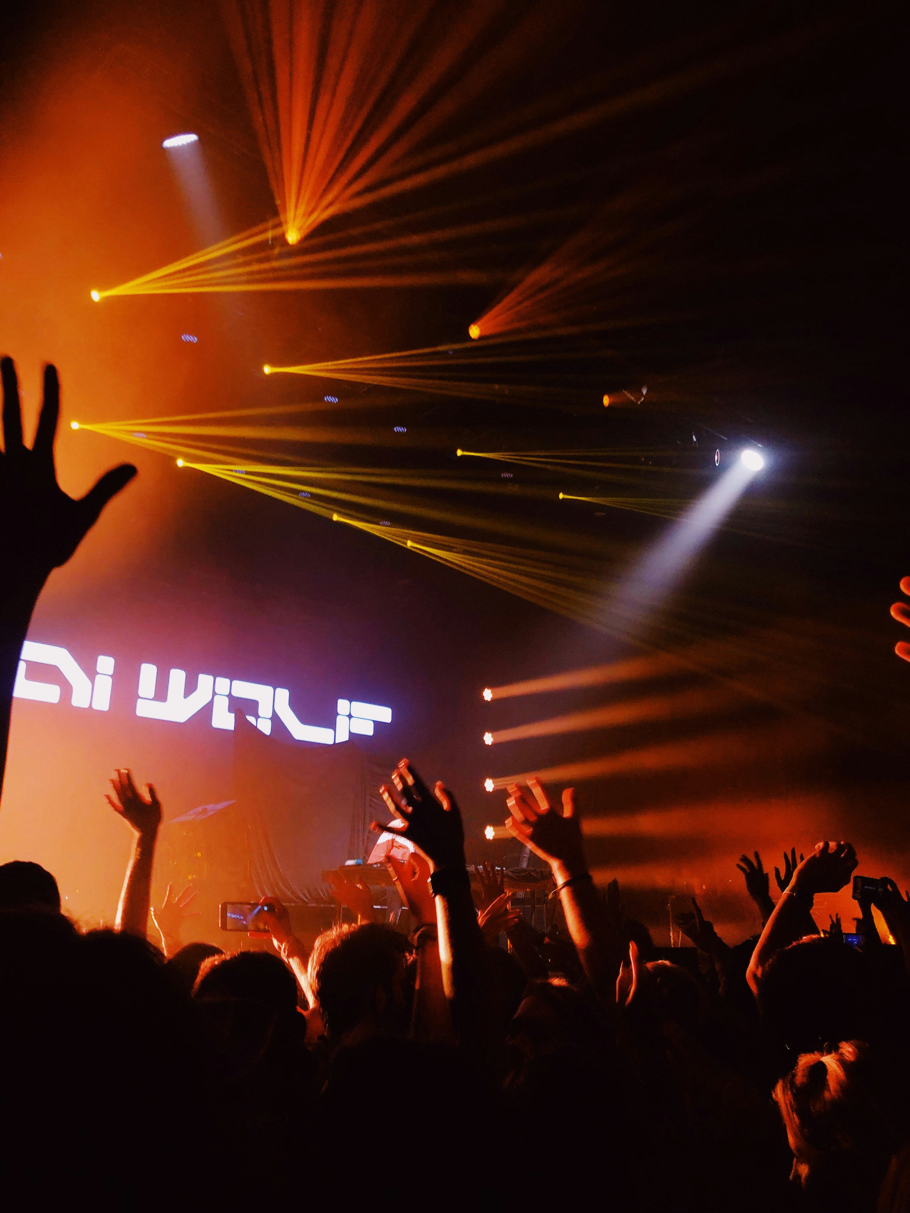 a crowd of people at a concert with their hands in the air