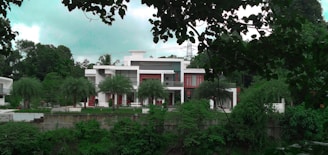 Modern white house with large windows and a garden at sunset.