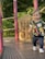 A young child with light hair, wearing a floral shirt and jeans, is joyfully walking on a playground structure. Vibrant pink columns and a number puzzle game are visible in the background, suggesting a lively play environment surrounded by lush greenery.